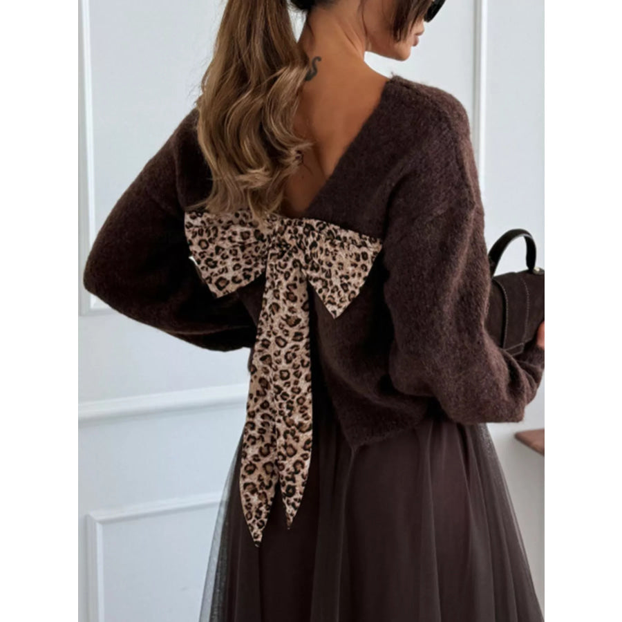 Leopard Bow Dropped Shoulder Sweater Brown / S Apparel and Accessories