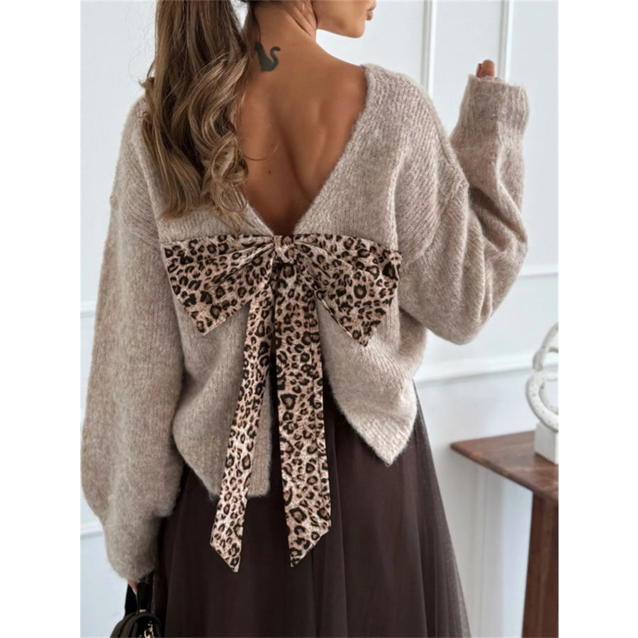 Leopard Bow Dropped Shoulder Sweater Khaki / S Apparel and Accessories
