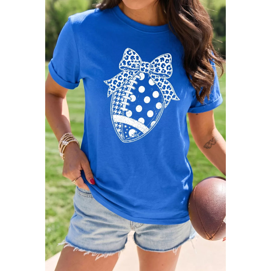 Leopard Bow Polka Dot Football Graphic Game Day T Shirt Royal Blue / S Apparel and Accessories
