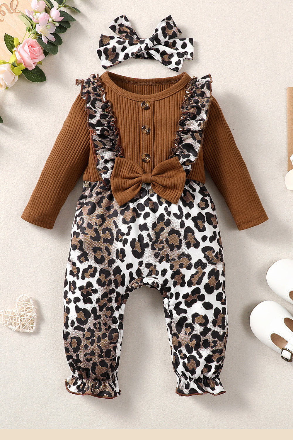 Leopard Bow Round Neck Long Sleeve Jumpsuit Leopard / 3-6M Apparel and Accessories