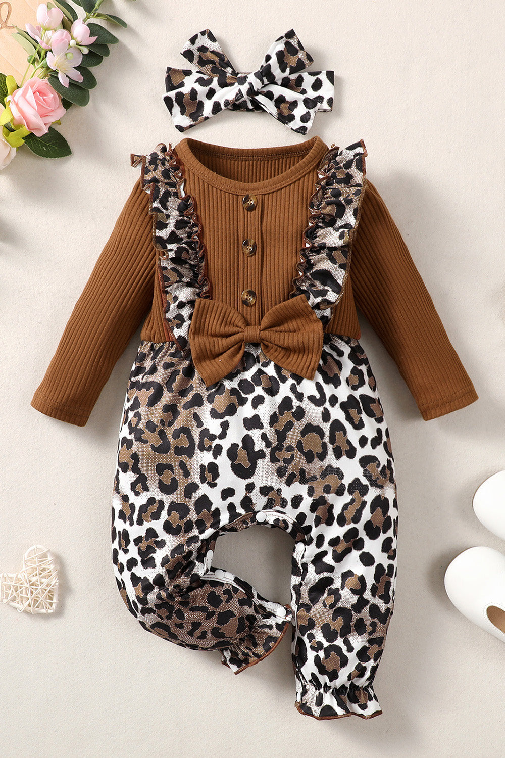 Leopard Bow Round Neck Long Sleeve Jumpsuit Apparel and Accessories