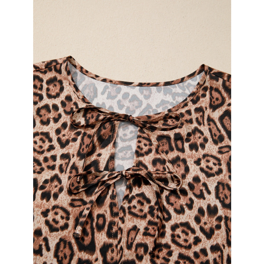 Leopard Bow Tie Puff Sleeve Blouse Apparel and Accessories