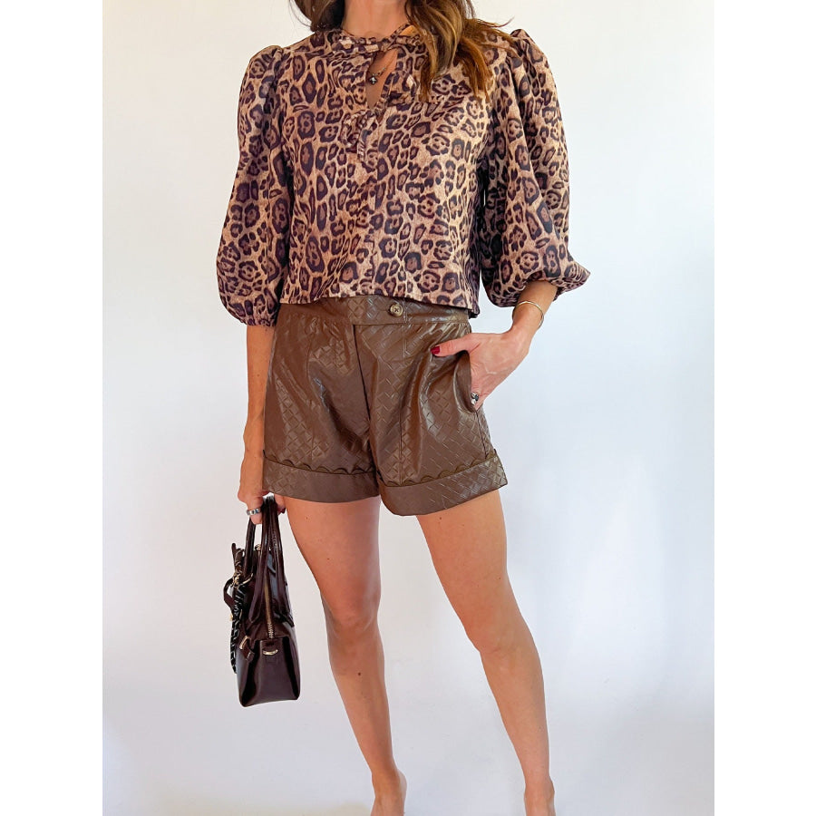 Leopard Bow Tie Puff Sleeve Blouse Apparel and Accessories