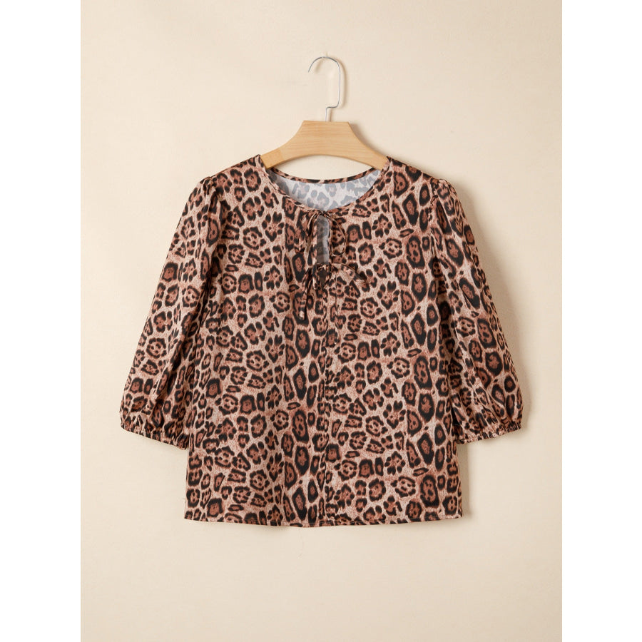 Leopard Bow Tie Puff Sleeve Blouse Apparel and Accessories
