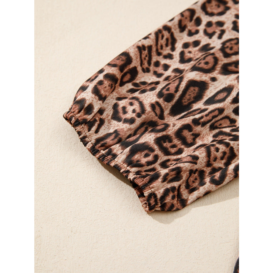 Leopard Bow Tie Puff Sleeve Blouse Apparel and Accessories