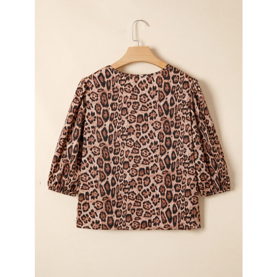 Leopard Bow Tie Puff Sleeve Blouse Apparel and Accessories