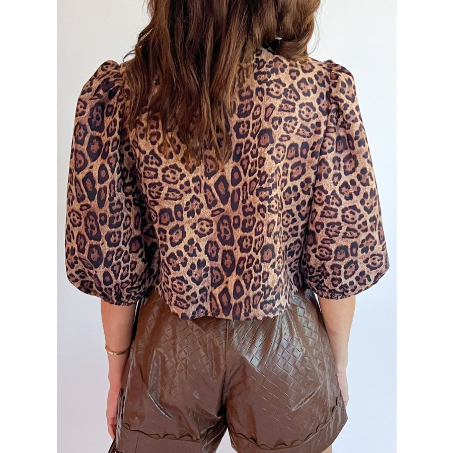 Leopard Bow Tie Puff Sleeve Blouse Leopard / S Apparel and Accessories