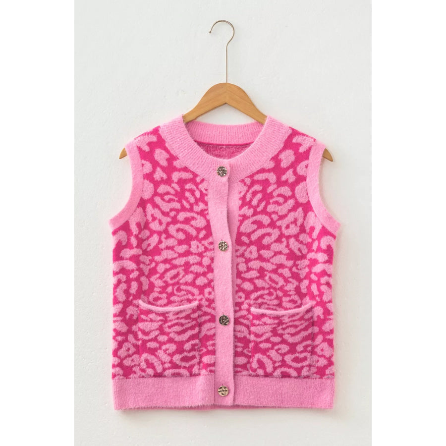 Leopard Button-Down Fuzzy Sweater Vest Apparel and Accessories
