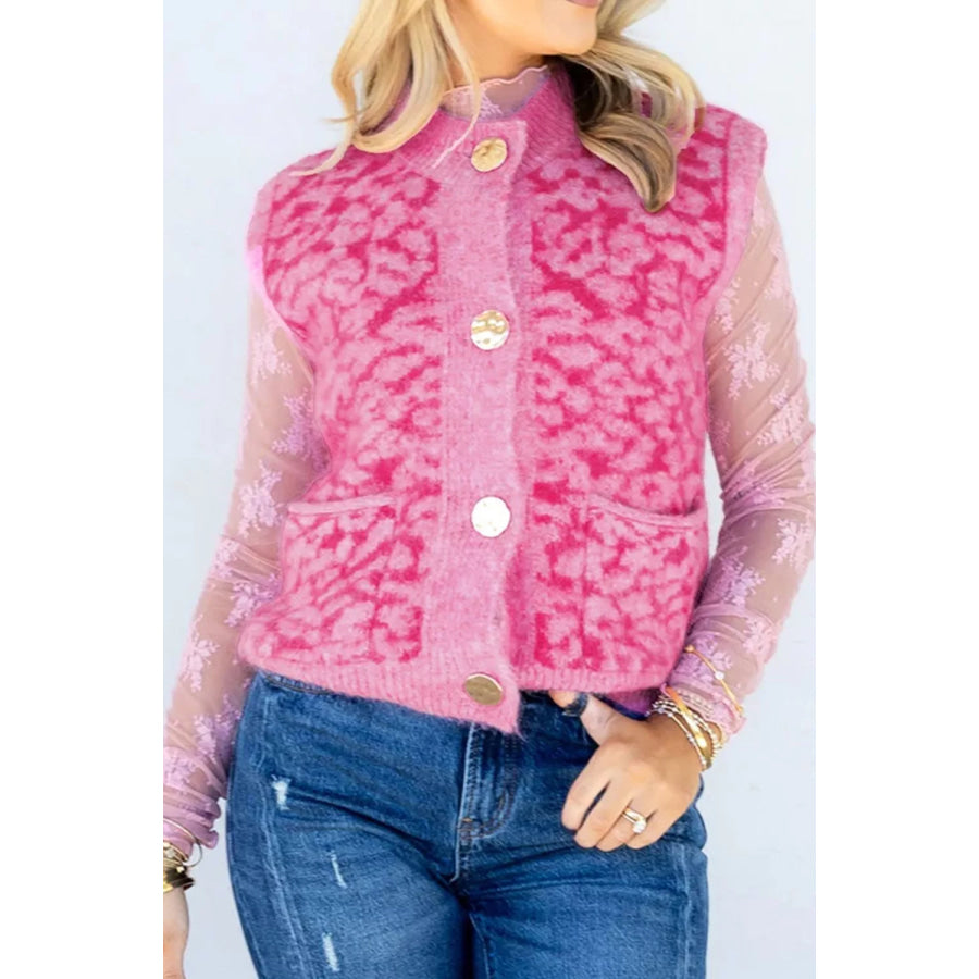 Leopard Button-Down Fuzzy Sweater Vest Apparel and Accessories