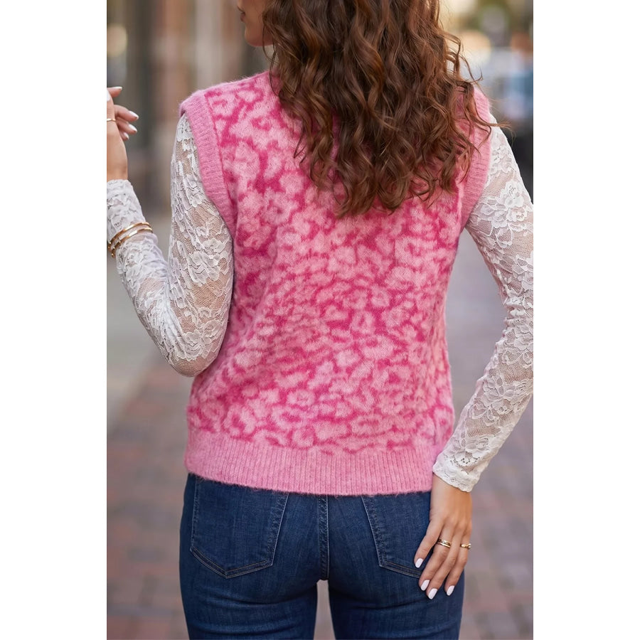 Leopard Button-Down Fuzzy Sweater Vest Apparel and Accessories