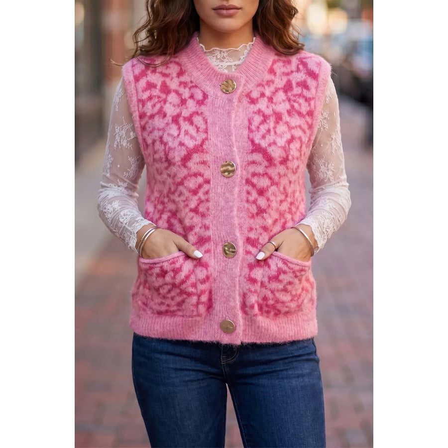 Leopard Button-Down Fuzzy Sweater Vest Pink / S Apparel and Accessories