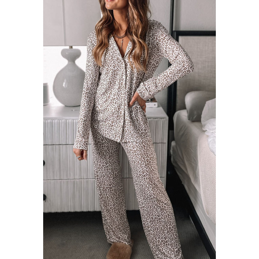 Leopard Button Down Long Sleeve Top and Pants Lounge Set Leopard / S Apparel and Accessories