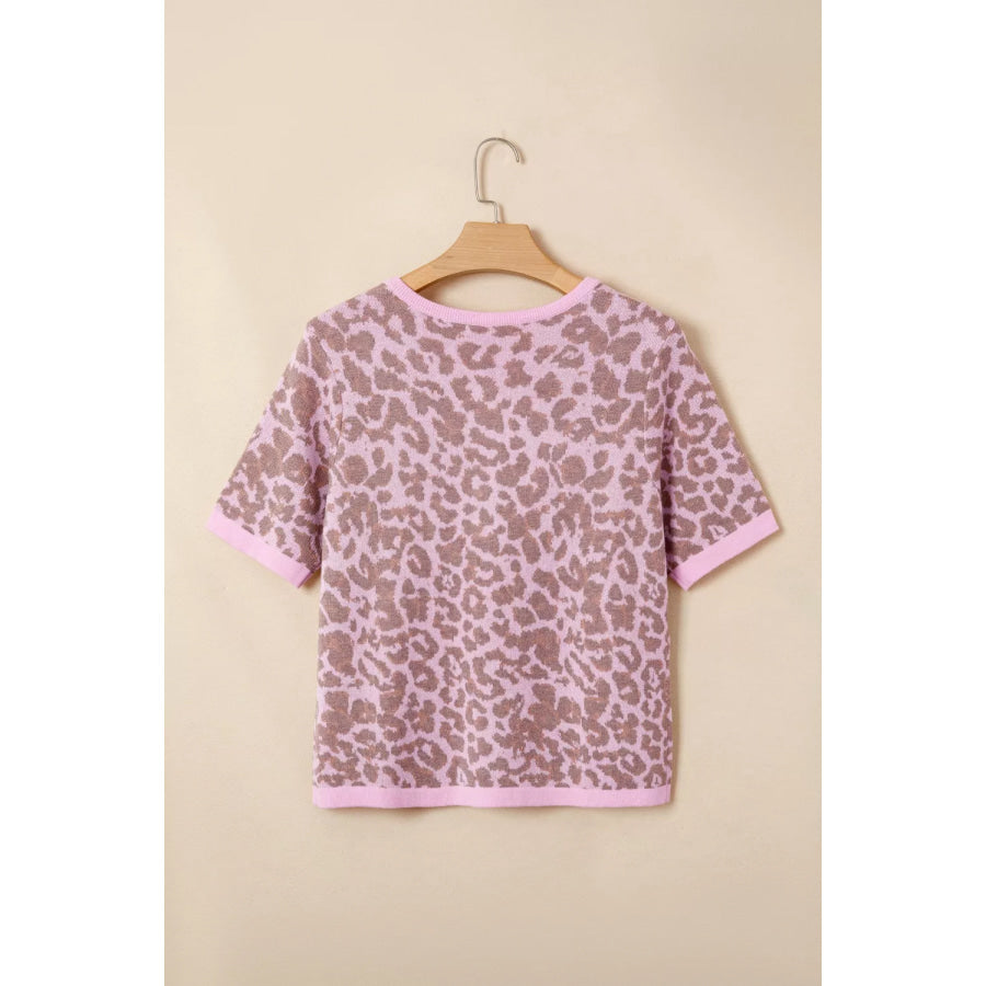 Leopard Button Down Short Sleeve Sweater Cardigan Apparel and Accessories