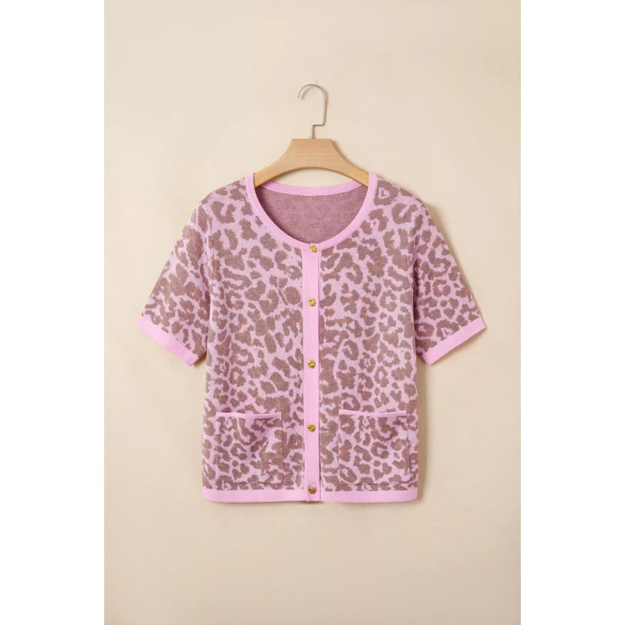 Leopard Button Down Short Sleeve Sweater Cardigan Apparel and Accessories