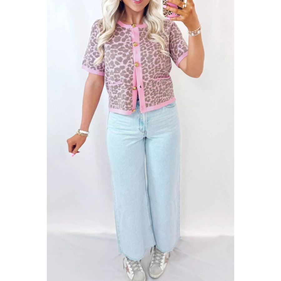 Leopard Button Down Short Sleeve Sweater Cardigan Apparel and Accessories