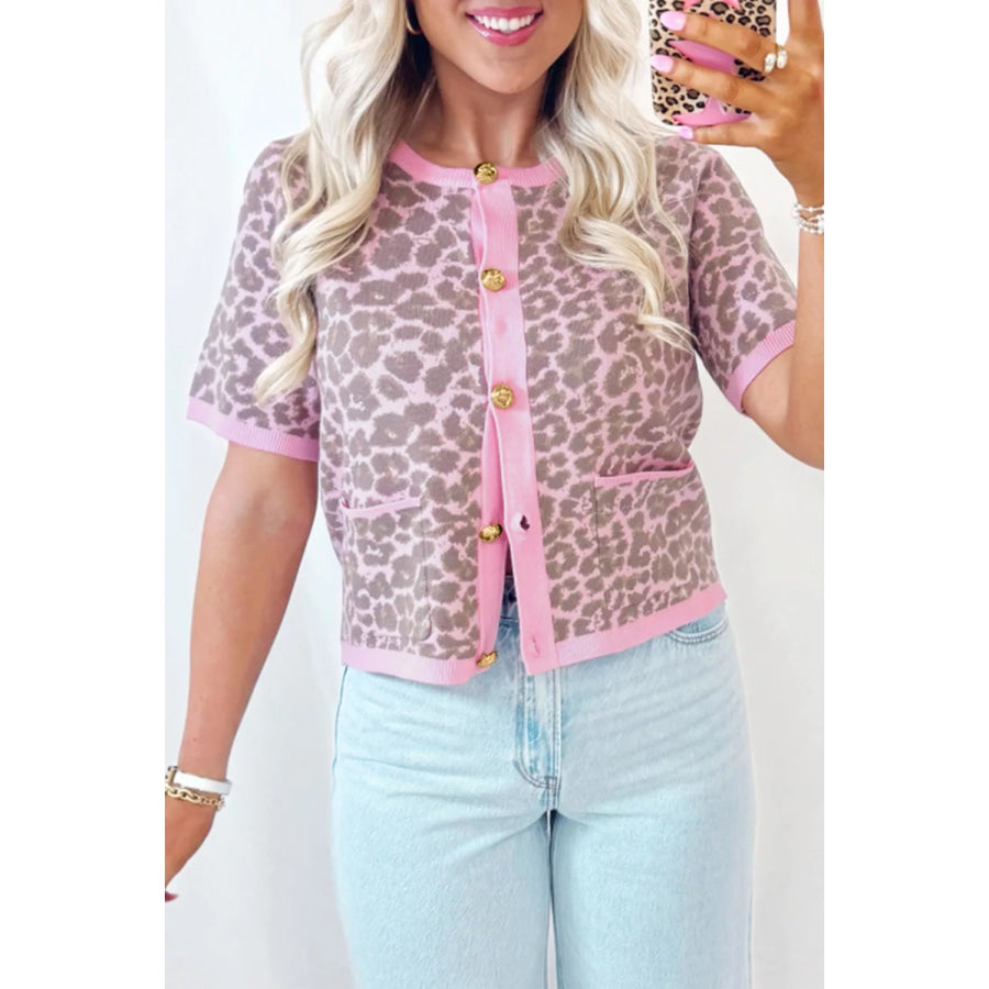 Leopard Button Down Short Sleeve Sweater Cardigan Dusty Pink / S Apparel and Accessories