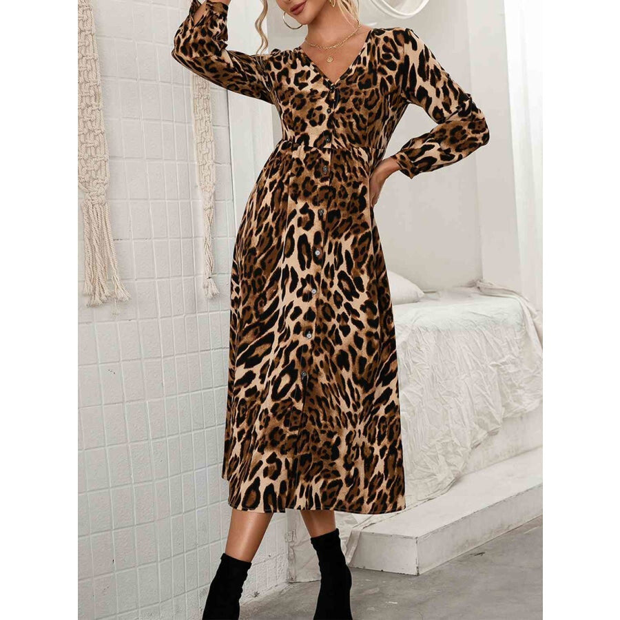 Leopard Button Down V-Neck Dress Leopard / S Clothing