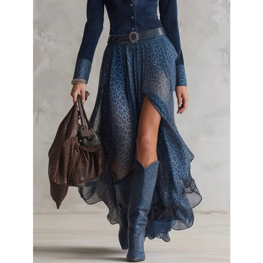 Leopard Button Front Slit Maxi Dress Apparel and Accessories