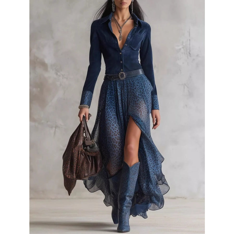 Leopard Button Front Slit Maxi Dress Navy / S Apparel and Accessories