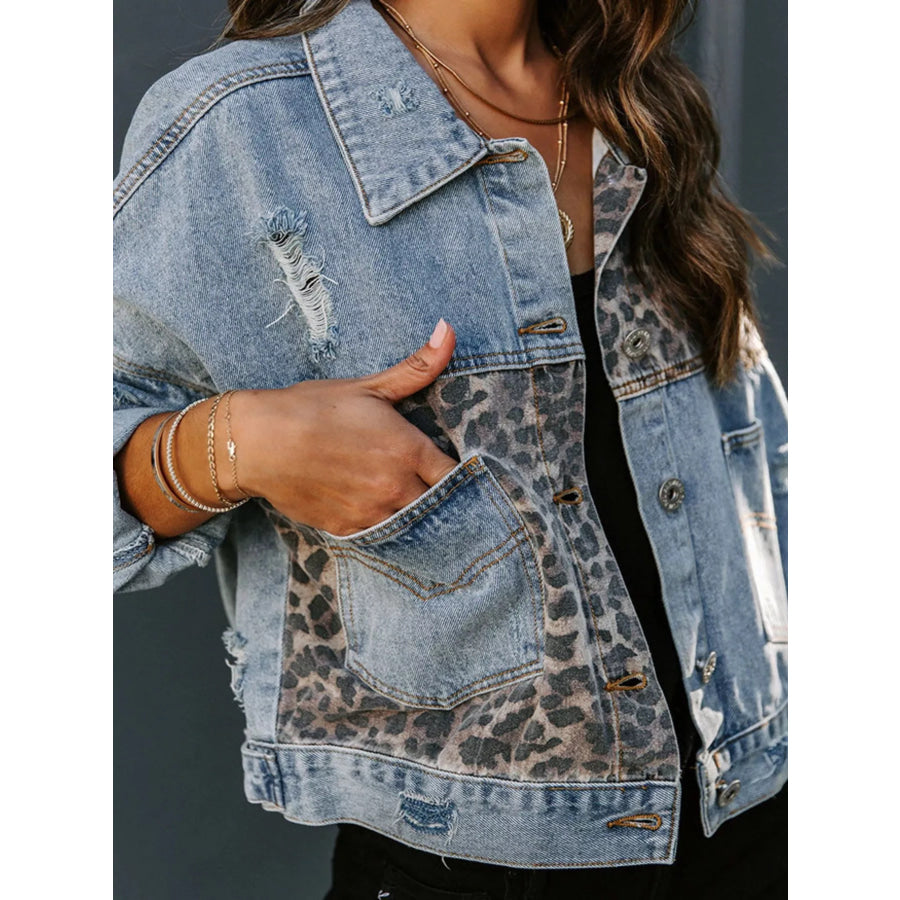 Leopard Button Up Denim Jacket Apparel and Accessories