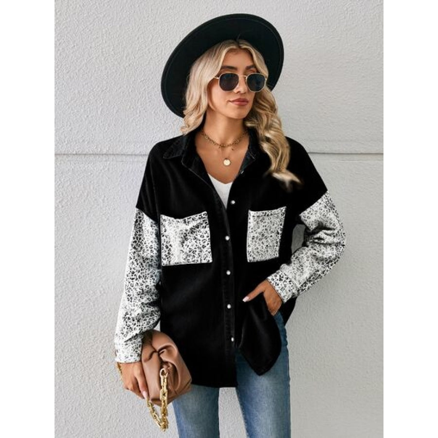 Leopard Button Up Denim Jacket Black / S Clothing