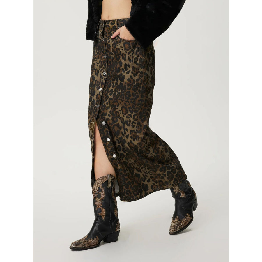 Leopard Button Up Denim Skirt Apparel and Accessories