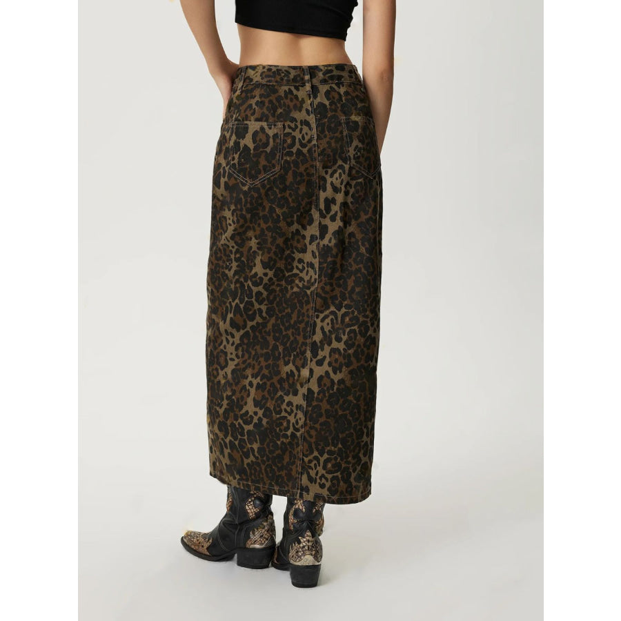 Leopard Button Up Denim Skirt Apparel and Accessories