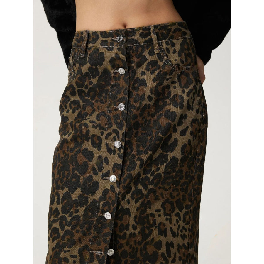 Leopard Button Up Denim Skirt Apparel and Accessories