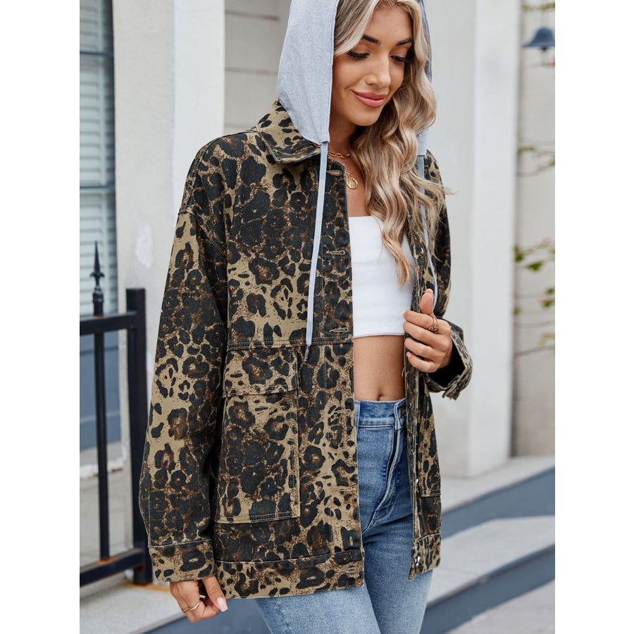 Leopard Button Up Drop Shoulder Denim Jacket Apparel and Accessories