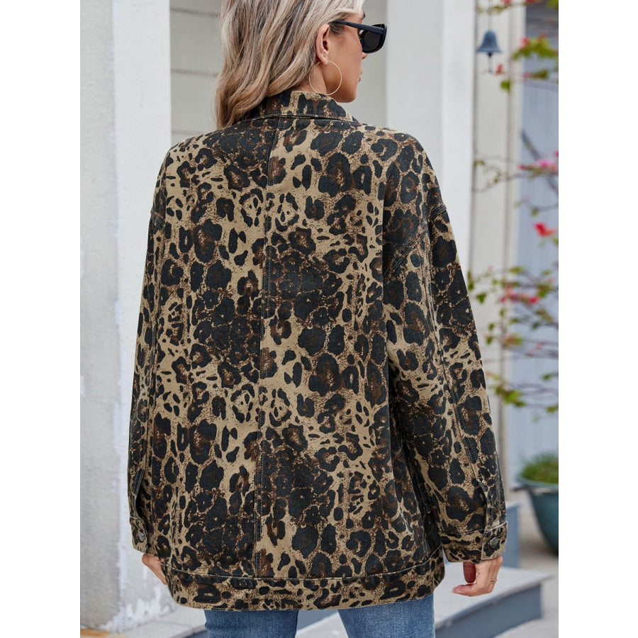 Leopard Button Up Drop Shoulder Denim Jacket Apparel and Accessories