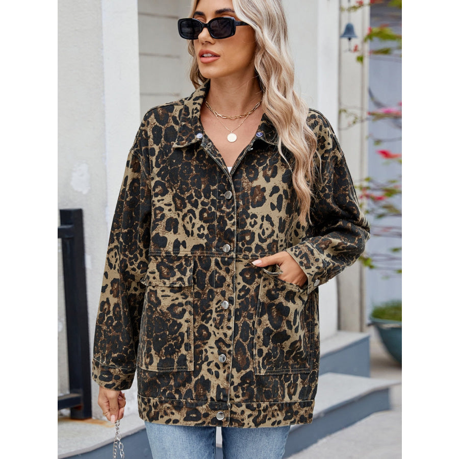 Leopard Button Up Drop Shoulder Denim Jacket Apparel and Accessories