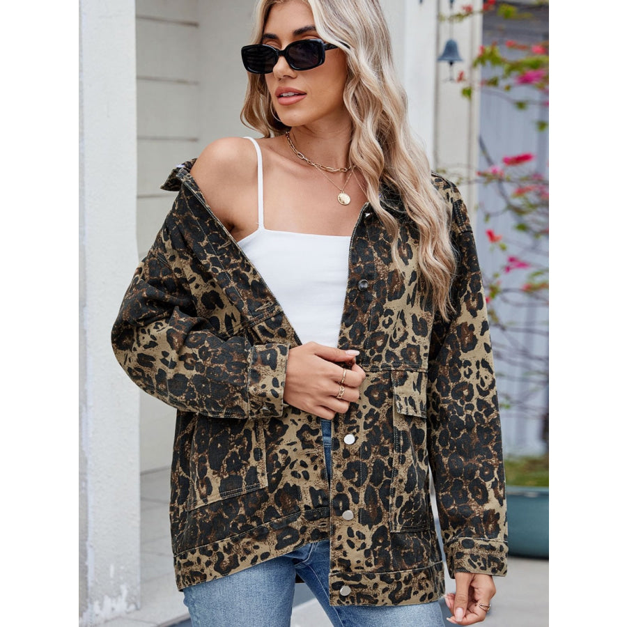 Leopard Button Up Drop Shoulder Denim Jacket Apparel and Accessories