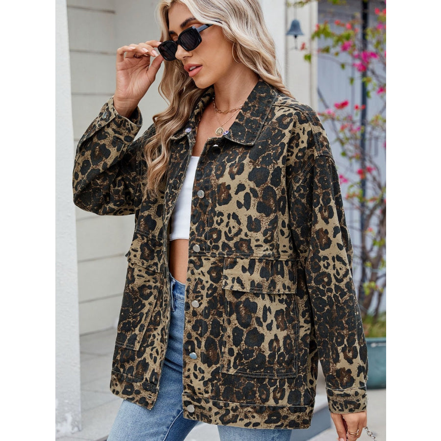 Leopard Button Up Drop Shoulder Denim Jacket Apparel and Accessories