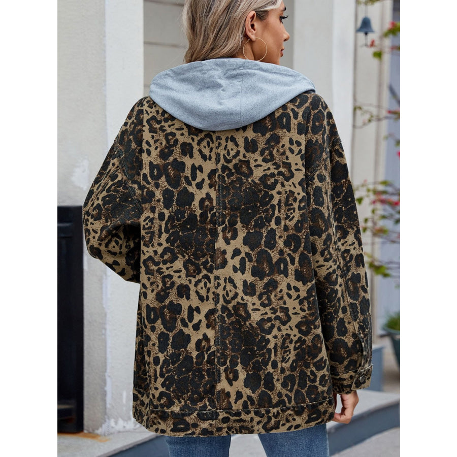 Leopard Button Up Drop Shoulder Denim Jacket Apparel and Accessories