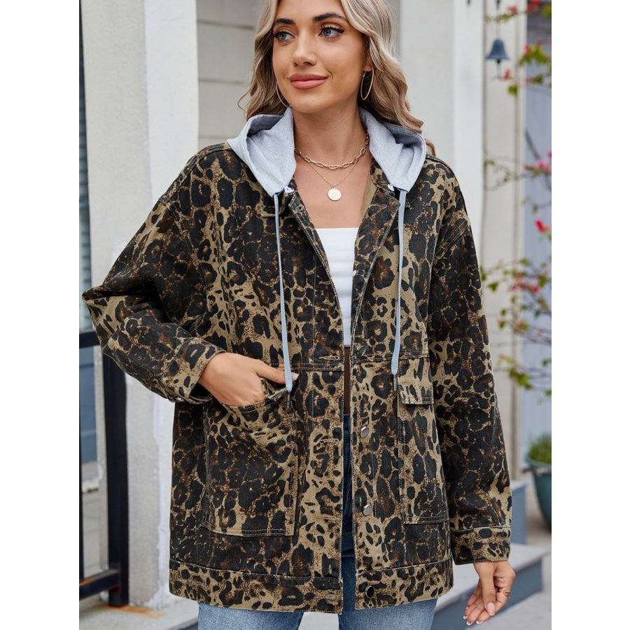 Leopard Button Up Drop Shoulder Denim Jacket Removable hat / S Apparel and Accessories