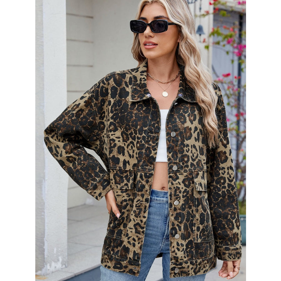 Leopard Button Up Drop Shoulder Denim Jacket Leopard / S Apparel and Accessories