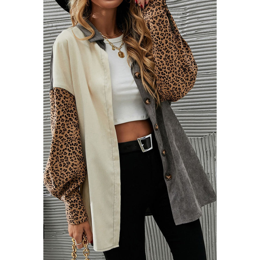 Leopard Button Up Drop Shoulder Jacket Apparel and Accessories