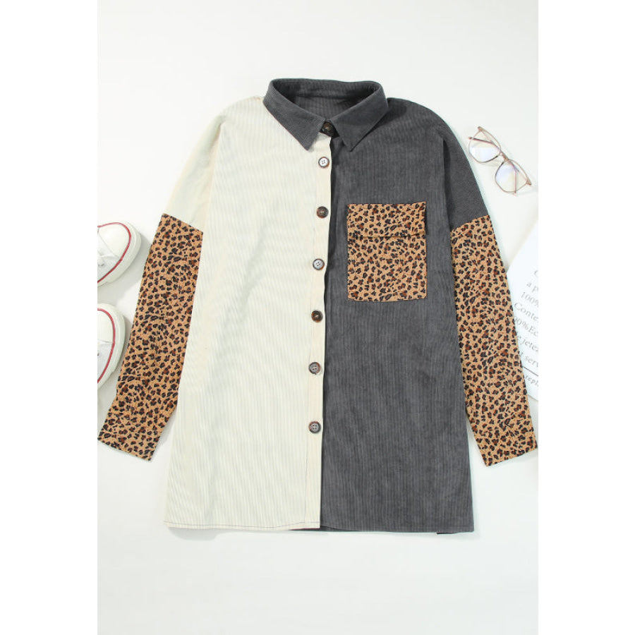 Leopard Button Up Drop Shoulder Jacket Apparel and Accessories