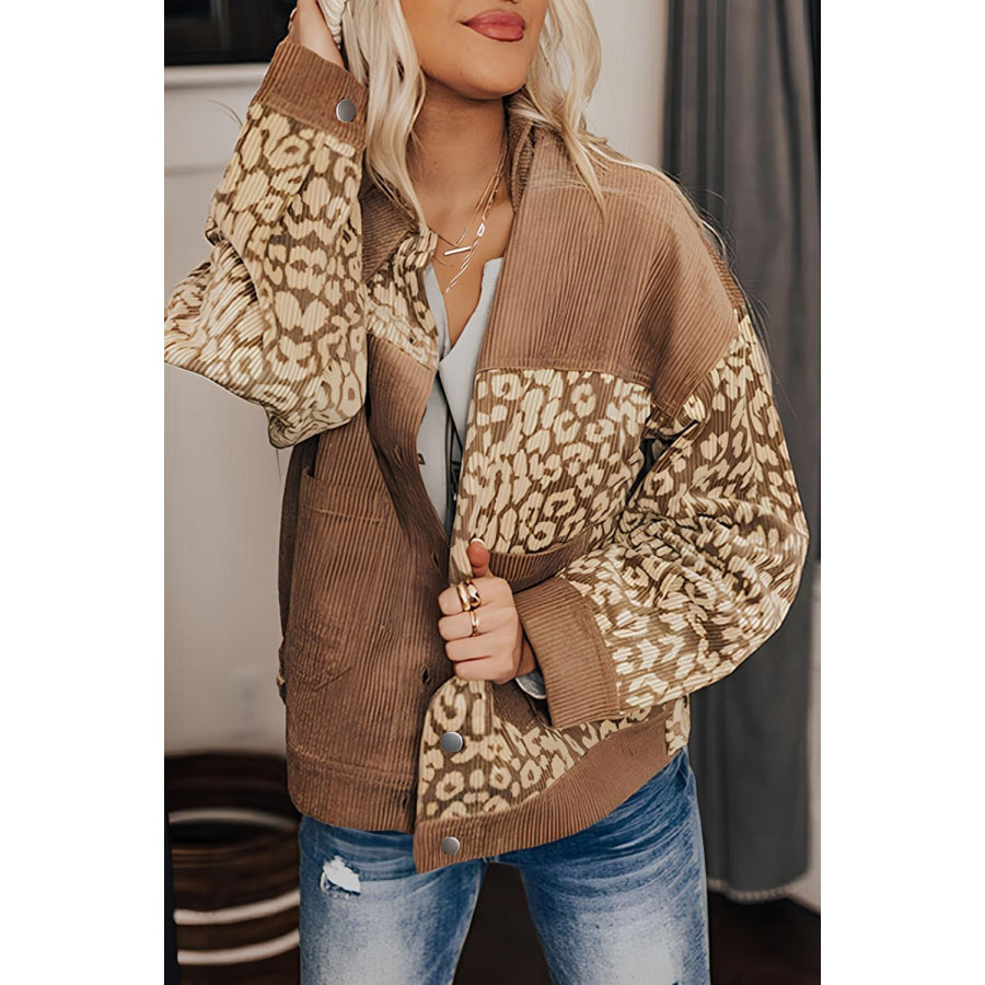 Leopard Button Up Drop Shoulder Jacket Apparel and Accessories