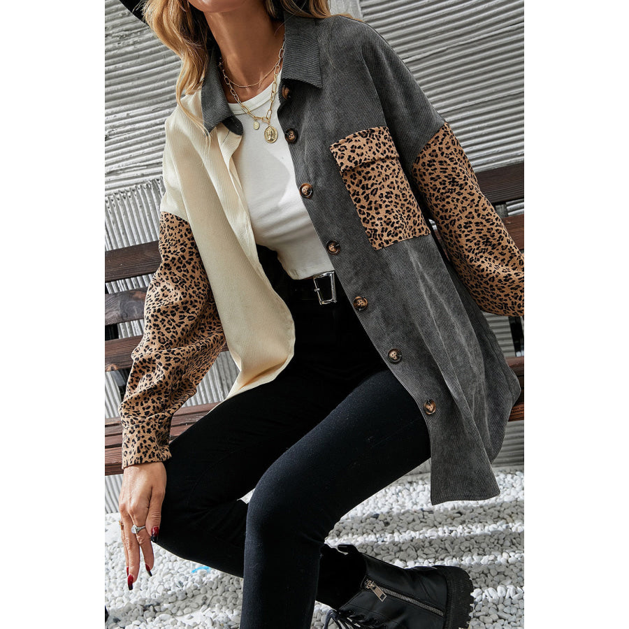 Leopard Button Up Drop Shoulder Jacket Apparel and Accessories