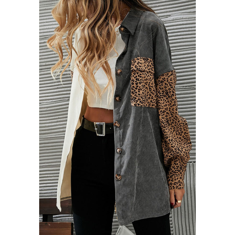 Leopard Button Up Drop Shoulder Jacket Dark Gray / S Apparel and Accessories