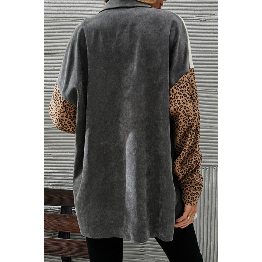 Leopard Button Up Drop Shoulder Jacket Apparel and Accessories