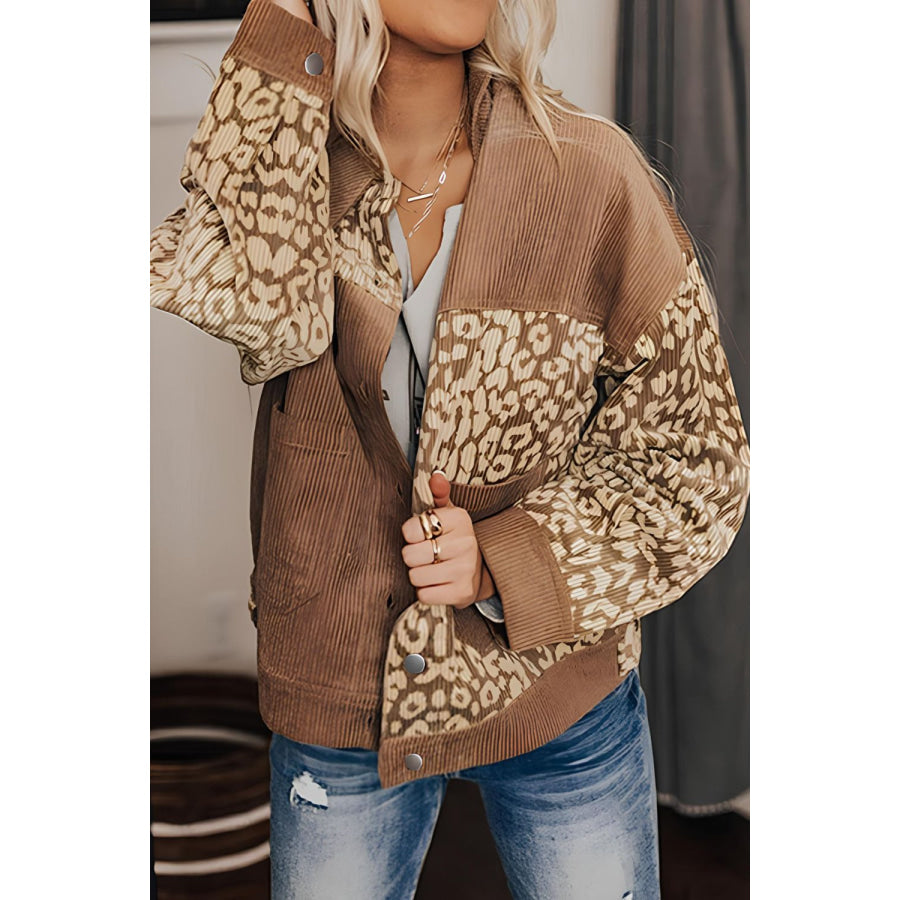 Leopard Button Up Drop Shoulder Jacket Camel / S Apparel and Accessories