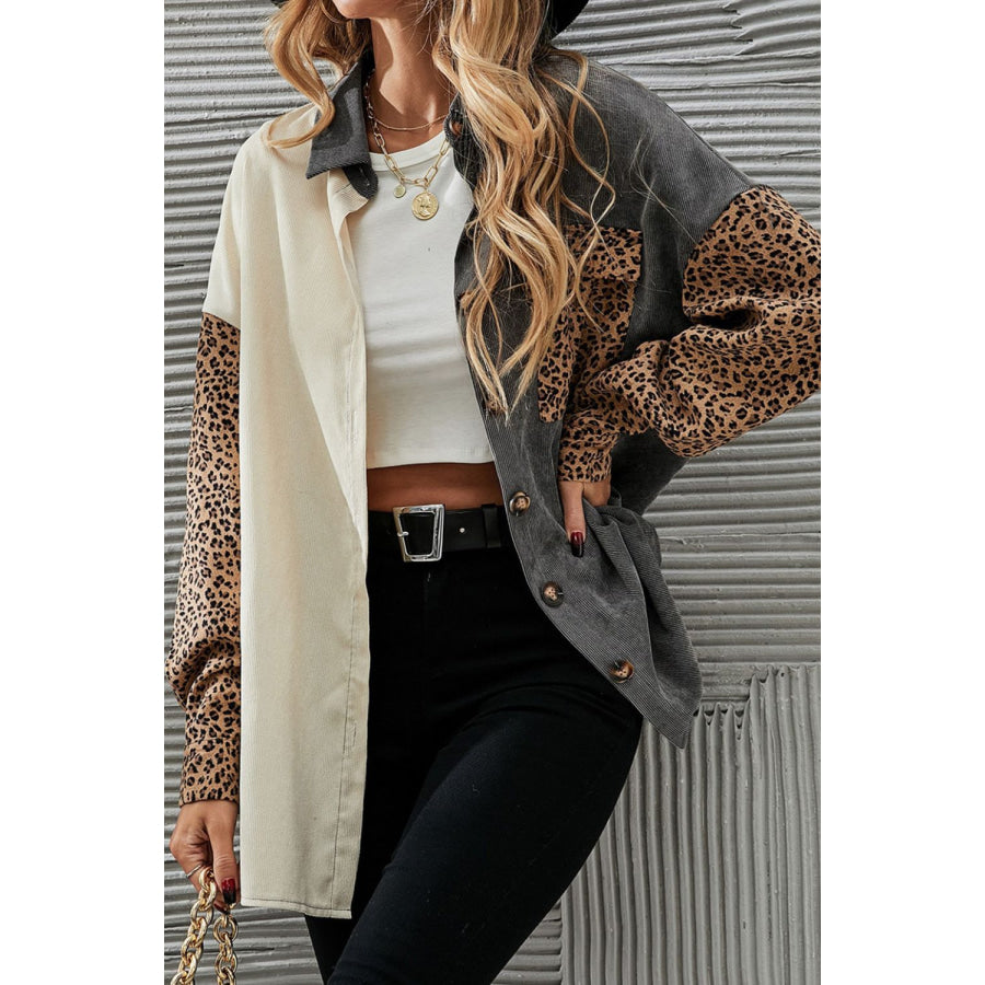 Leopard Button Up Drop Shoulder Jacket Dark Gray / S Apparel and Accessories