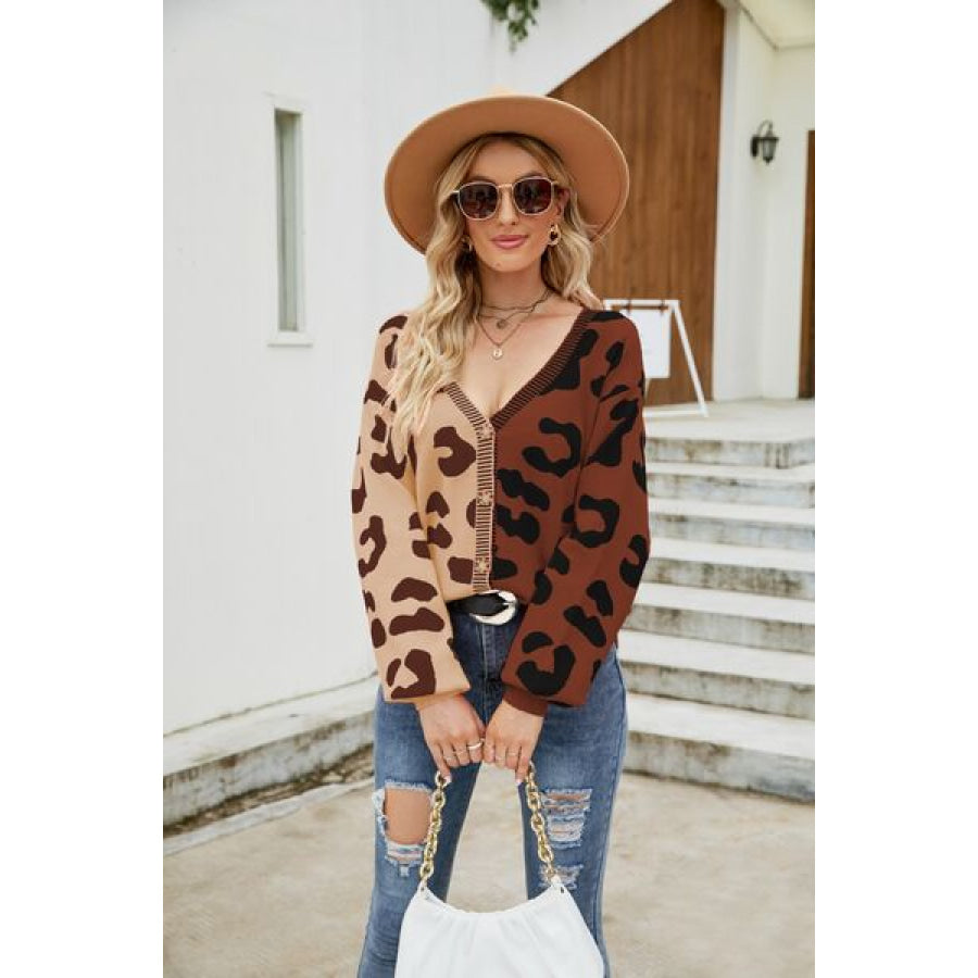 Leopard Button Up Dropped Shoulder Cardigan Apparel and Accessories