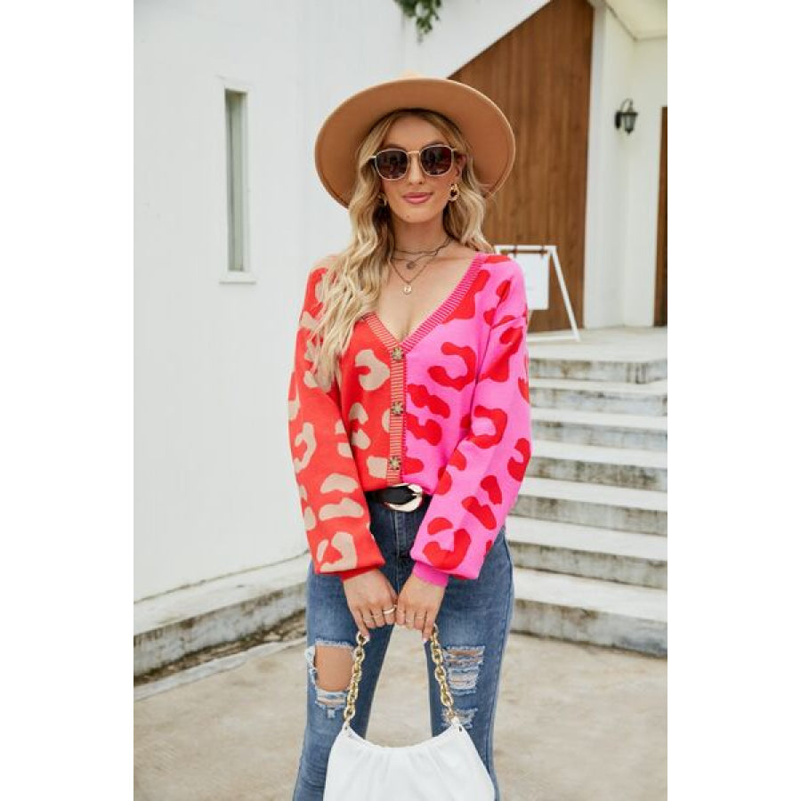 Leopard Button Up Dropped Shoulder Cardigan Apparel and Accessories