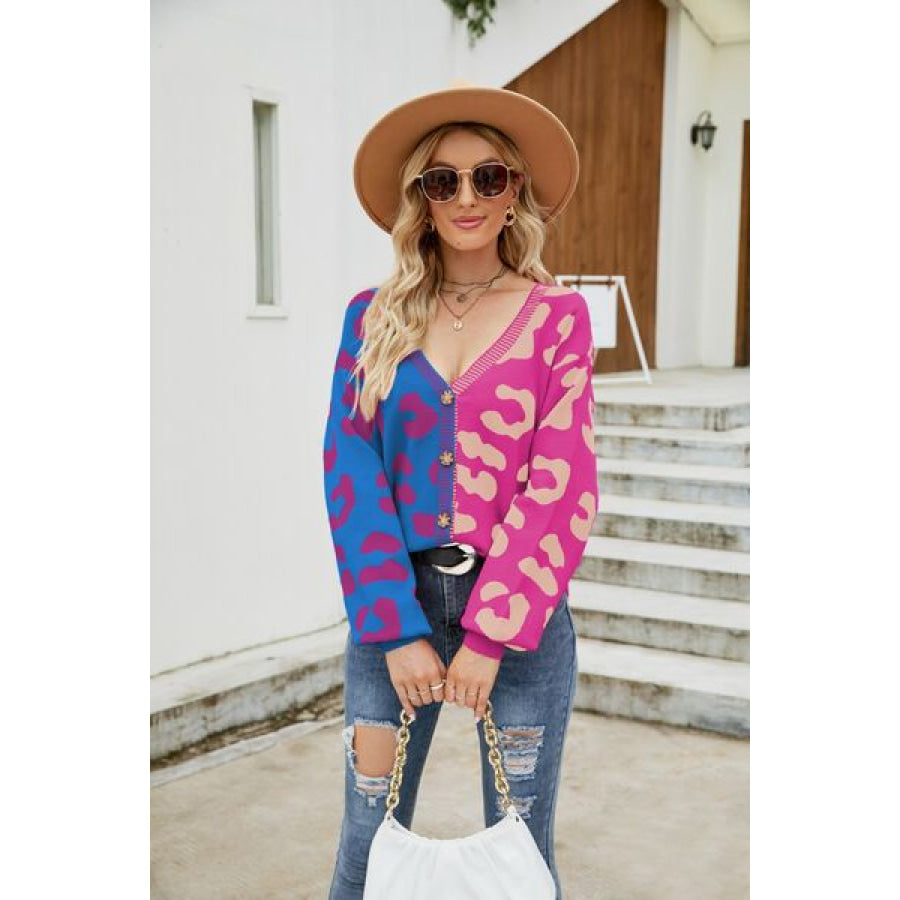 Leopard Button Up Dropped Shoulder Cardigan Apparel and Accessories