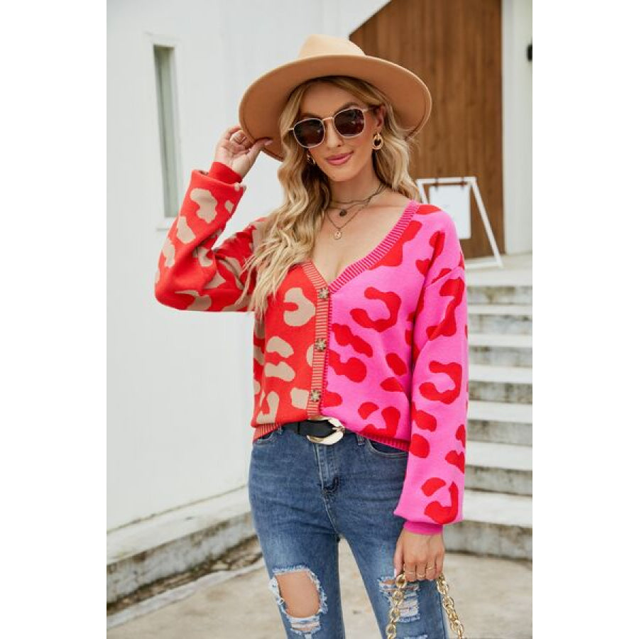 Leopard Button Up Dropped Shoulder Cardigan Apparel and Accessories