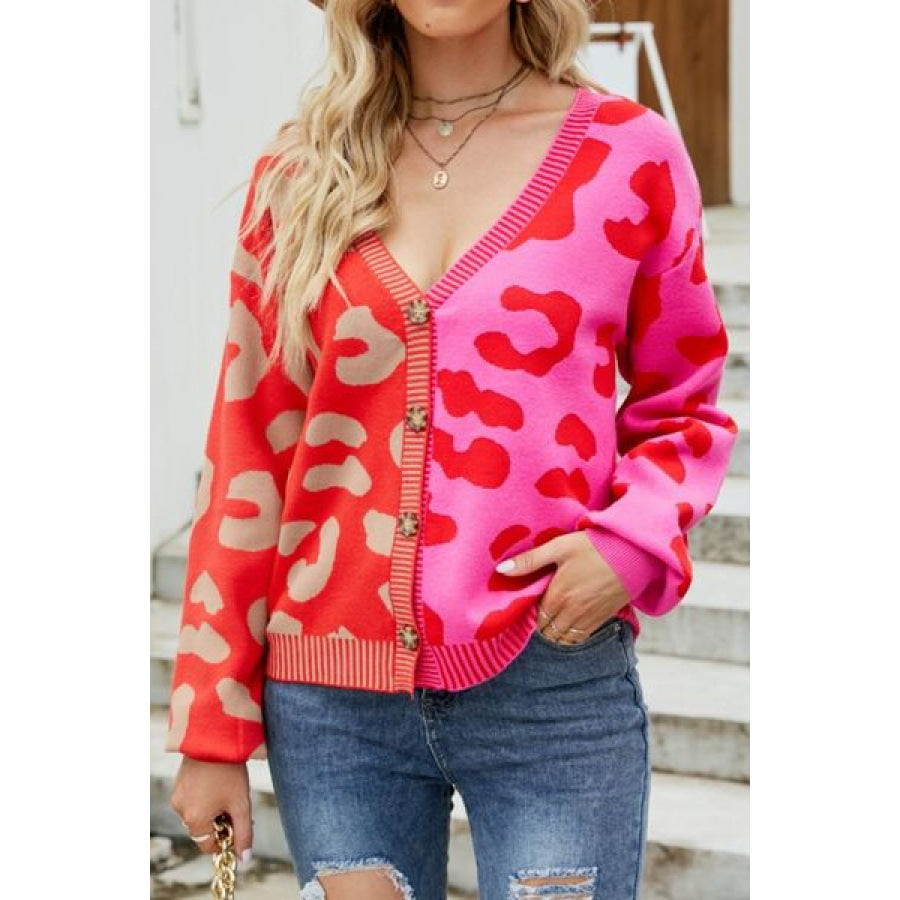 Leopard Button Up Dropped Shoulder Cardigan Deep Red / S Apparel and Accessories