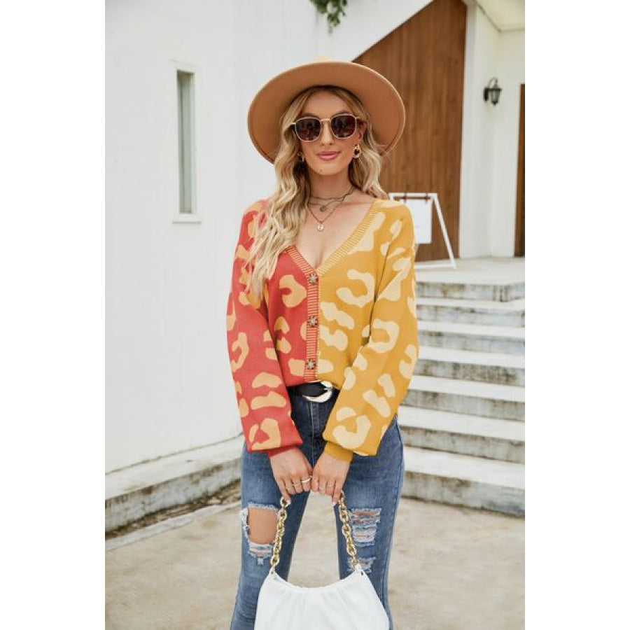 Leopard Button Up Dropped Shoulder Cardigan Pumpkin / S Apparel and Accessories